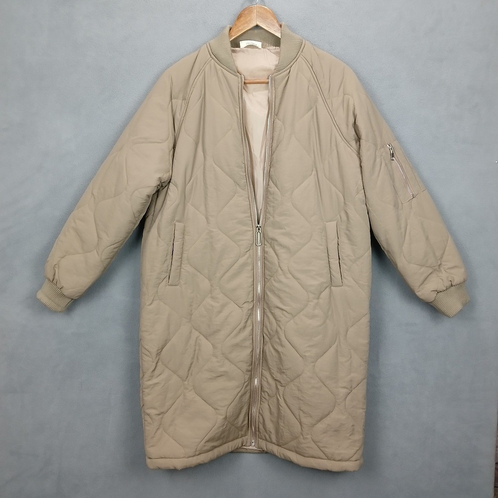 Adora Long Coat‎ Womens Small Tan Rayon Lined Full Zip Quilted Outerwear Winter